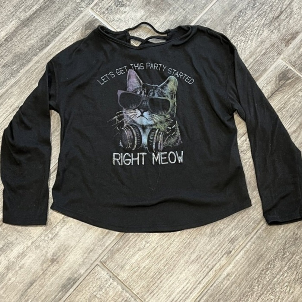 Love Glam‎ Girl Party Black Cat Long Sleeve Shirt Criss Cross Back Size SM 7/8